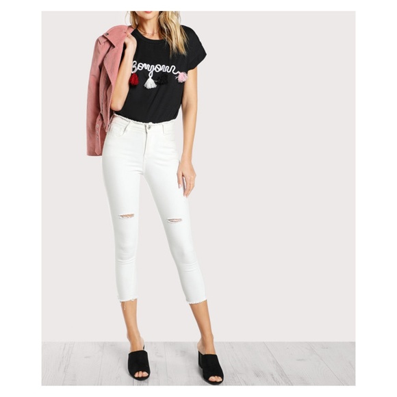 Black Short Sleeve Embroidered Tassel T-Shirt Bonjour - Picture 5 of 5